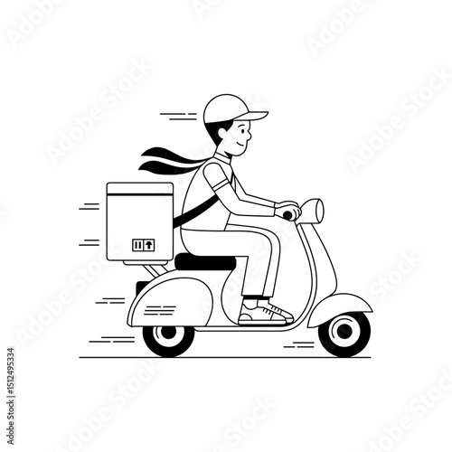 Speedy Delivery: A monochrome illustration captures a delivery person on a scooter, navigating with efficiency and purpose for quick transport.