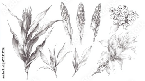 An isolated modern illustration set features a maize plant engraving, corn cobs, and sketches of popcorn.