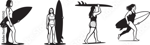 Women surfers in motion black and white art, Surfing women silhouette beach themed artwork