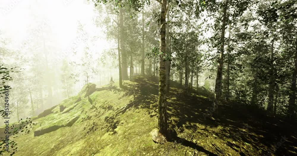 A serene forest landscape with mist gently enveloping the area. Sunlight streams through the trees, illuminating the lush green ground and creating a peaceful atmosphere.