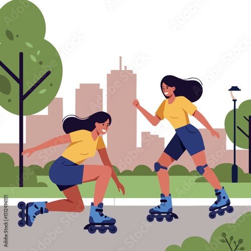 Young women roller skating in city park wearing yellow tops and blue shorts vector illustration 