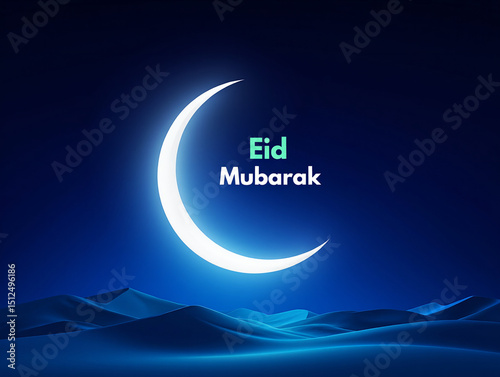 Eid mubarak greeting card design with crescent moon and night sky background