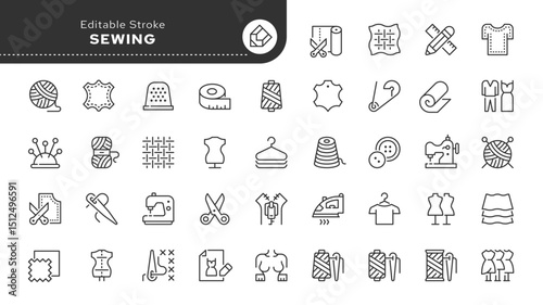 Sewing line icon set.  Handicraft, knitting, sewing, tailor, fabric, threads, sewing machine, needle, pattern, mannequin and more. Outline vector icon in linear style. Pictogram collection	