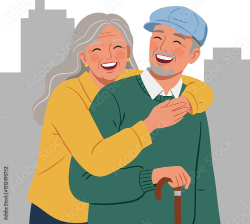 Elderly couple laughing together with walking cane and urban background in vector illustration 