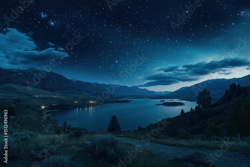 Fototapeta Naklejka Na Ścianę i Meble -  Tranquil nighttime panoramic view of mountains and lakes under a starry sky, Nighttime panoramic view of tranquil mountains and lake with starry sky time lapse