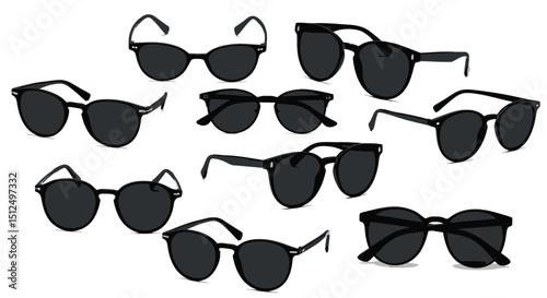 Sunglasses, eyewear collection, black silhouettes, white background. Fashion, style, accessory. Optical, summer protection, trendy designs. Aviators, wayfarers, round glasses. Classic, modern styles
