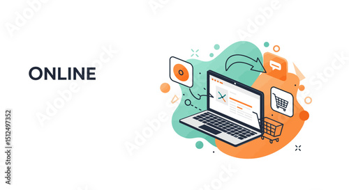 Online business. Vector illustration for web banner, social media banner, business presentation, marketing material.
