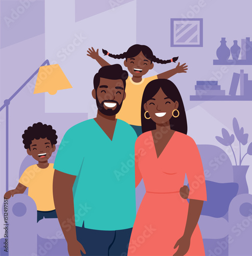 Happy family portrait smiling with children in cozy living room vector illustration 