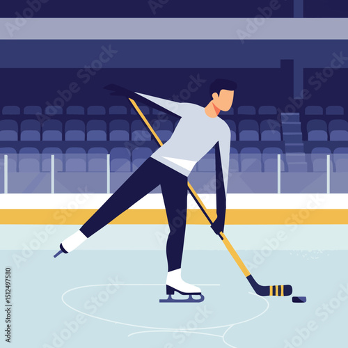 Male Ice Hockey Player Skating on Ice Rink with Stick and Puck Vector Illustration 