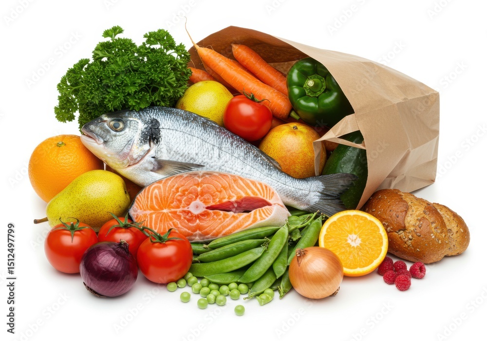 Healthy food shopping bag with fish and vegetables Healthy food shopping bag with fish and vegetables