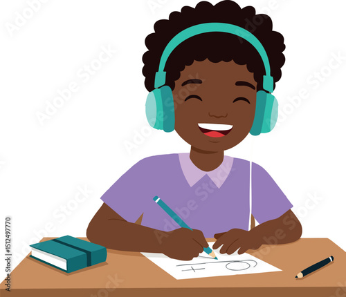 Child enjoying music while drawing at desk with headphones and books vector illustration 
