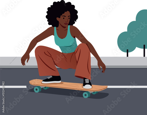 Woman skateboarding on street in casual outfit with tree background vector illustration 