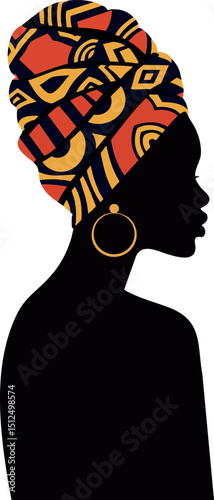 African woman silhouette with colorful headwrap and hoop earrings vector illustration 