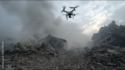 A drone hovers above a collapsed building, capturing the extent of urban destruction amidst billowing smoke and debris. The chaos highlights the aftermath of a significant disaster event.
