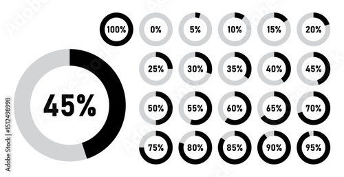 Infographic circle with percentage 0 to 100 loading progress interface in black color vector design. 5 10 15 20 25 30 35 40 45 50 55 60 65 70 75 80 85 90 95 percent loading circle collection.