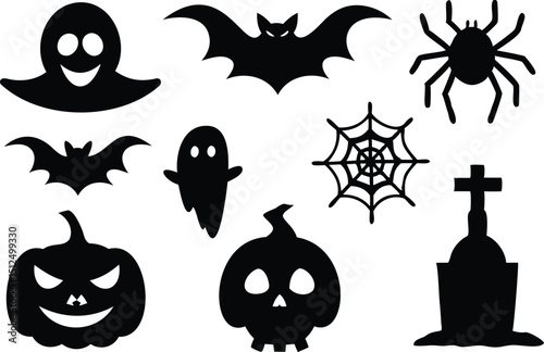 Halloween Silhouette Pack with Ghosts, Pumpkins, Spider Webs, Skulls, Bats, and Grave, Black Vector Set for Party Graphics, Spooky Crafts, and Holiday Design

