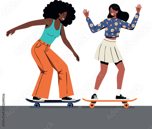 Two young women skateboarding in casual clothes enjoying outdoor activity with happy expressions 
