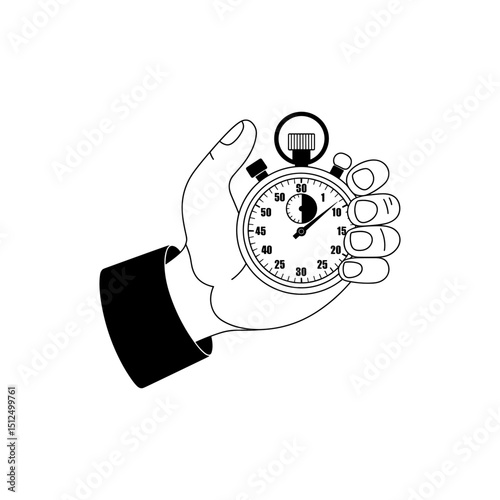 Precise Time: An elegant black and white illustration captures a hand holding a classic stopwatch, symbolizing precision, timing, and the measurement of moments.