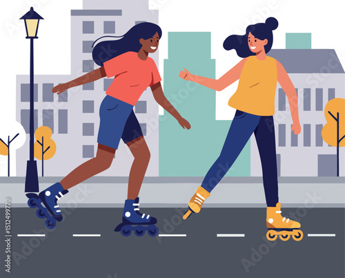 Two women roller skating outdoor urban street activity casual lifestyle exercise fun 