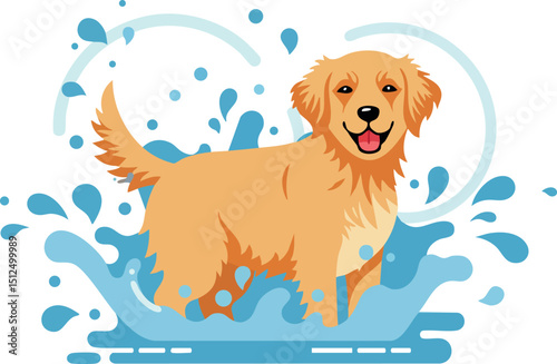 Golden retriever dog playing in water splash vector illustration with blue shades natural scene 