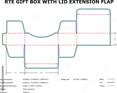 Rte gift box die-cut template with lid extension flap and dimensions