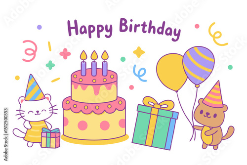 Adorable Cat and Bear Celebrate Birthday with Cake and Balloons