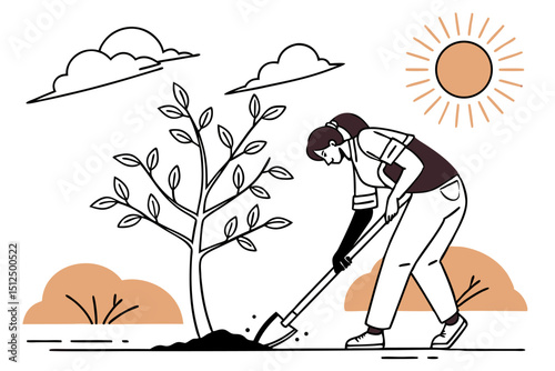 A woman plants a young tree on a sunny day, using a shovel to dig a hole and plant the sapling.