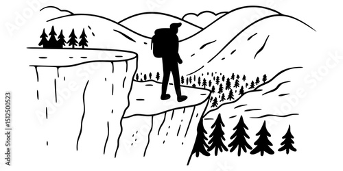 A lone hiker stands on a cliff edge overlooking a vast mountainous landscape, taking in the breathtaking view of the serene valley below.