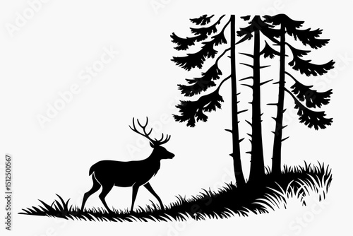 Majestic Deer Silhouette in a Pine Forest: A serene woodland scene showcasing a graceful deer silhouetted against a backdrop of tall, slender pine trees, evoking a sense of tranquility and wilderness.