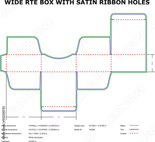 Wide rte box die-cut template satin ribbon holes packaging design