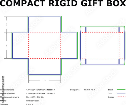 Compact rigid gift box template die-cut design dimensions