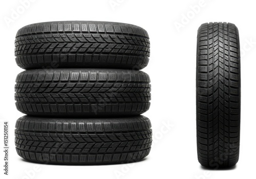 Stack of three winter tires isolated on white background