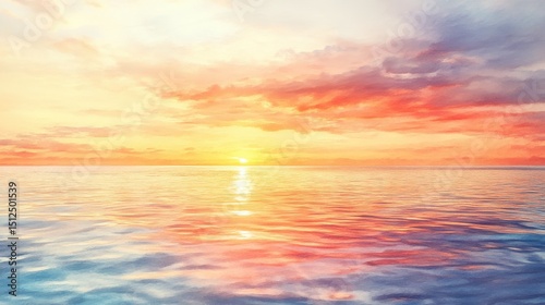 Stunning watercolor painting depicting a serene sunset over a calm ocean. Beautiful blend of warm colors creating a peaceful ambiance.