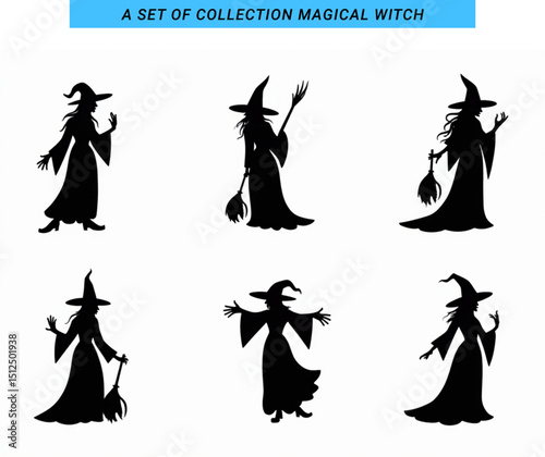 Witches in silhouette on a broom black cat Black silhouette Design element Vector illustration