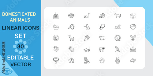 Thirty linear icons depicting various domesticated animals, including farm animals, pets, and livestock. Vector illustration.