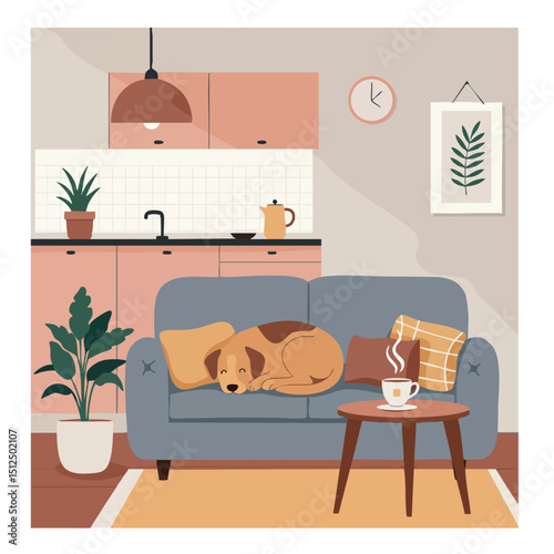 Cozy living room interior with dog sleeping on sofa and kitchen background vector illustration 