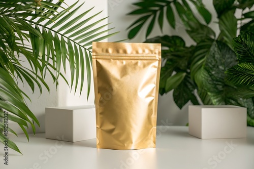 Shiny Gold Packaging with Plants and White Boxes Product Shot