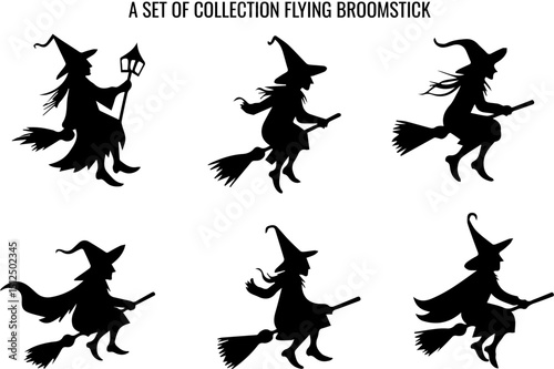 Halloweens witches silhouettes set of a witch flying on a broomstick