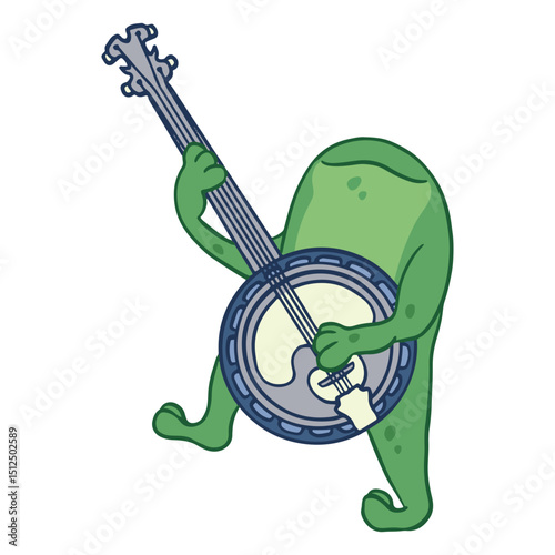 Green frog happily playing a banjo