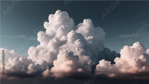 abstract A vector illustration of fluffy clouds set against a gradient sky. The sky transitions from a soft dark  white tone in the upper corners to a light blue in the center.
