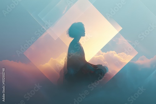 Finding inner peace through meditation amidst ethereal clouds and soft light