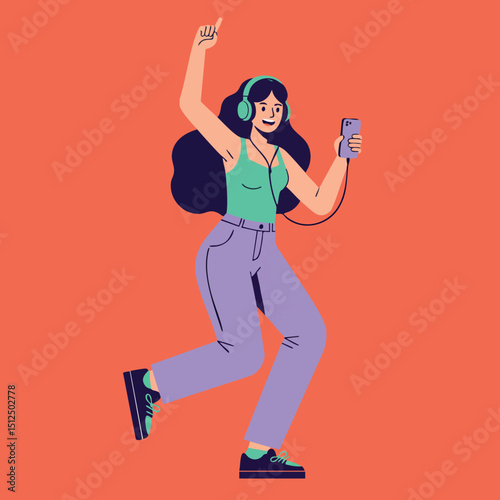 Young woman dancing with headphones listening music on smartphone vector illustration 