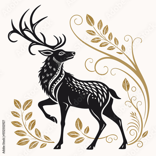 Golden Antlered Deer in Ornate Form vector illustration
