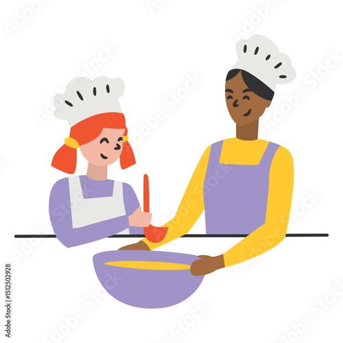 Adult woman cooking with a young girl
