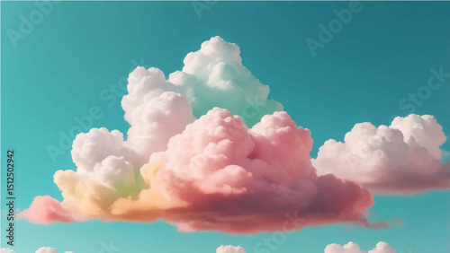 abstract Vector illustration of fluffy clouds in a clear sky. The clouds have a soft gradient of pastel colors like pink, peach, and blue. The sky is a thick turquoise blue. 