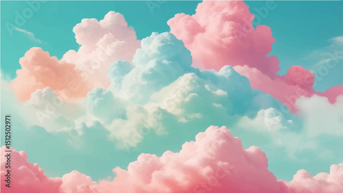 abstract Vector illustration of fluffy clouds in a clear sky. The clouds have a soft gradient of pastel colors like pink, peach, and blue. The sky is a thick turquoise blue. 