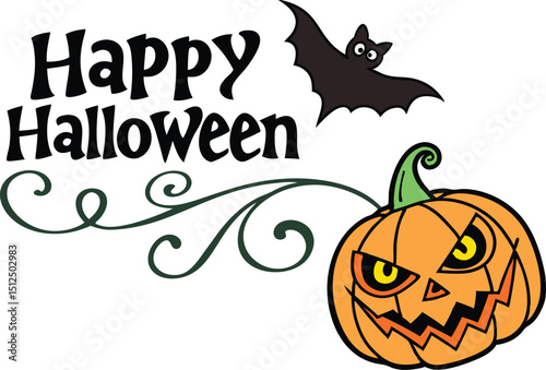 Happy Halloween Typography with Grinning Pumpkin, Decorative Vines, and Flying Bat, Colorful Vector Illustration for Party Posters, Invitations, or Holiday Decor photo
