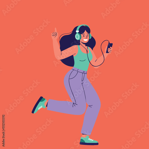 Young woman dancing with headphones and smartphone enjoying music vector illustration 