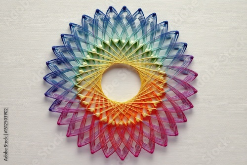 Intricate string art creation showcasing a vibrant gradient design on a minimalist background