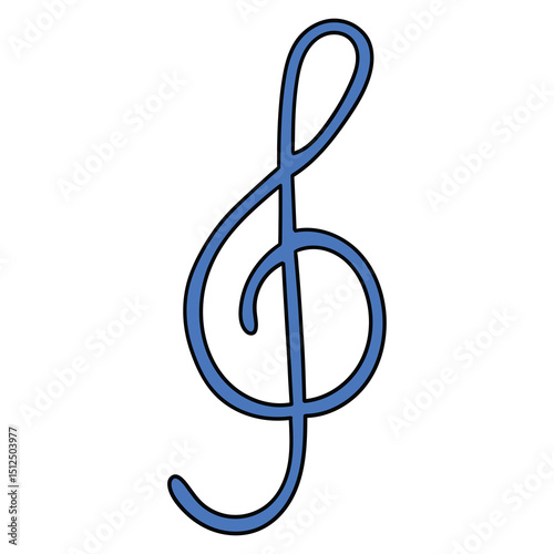 Hand drawn cartoon blue treble clef on white background.